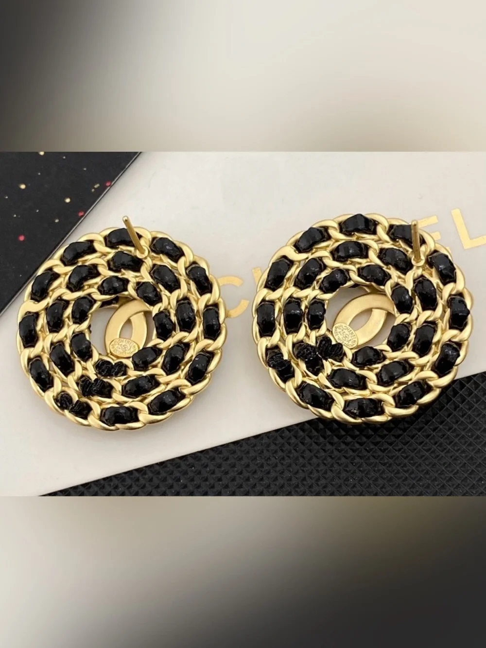 Double C Black Leather And Gold - Tone Logo Earrings For Pierced Ears